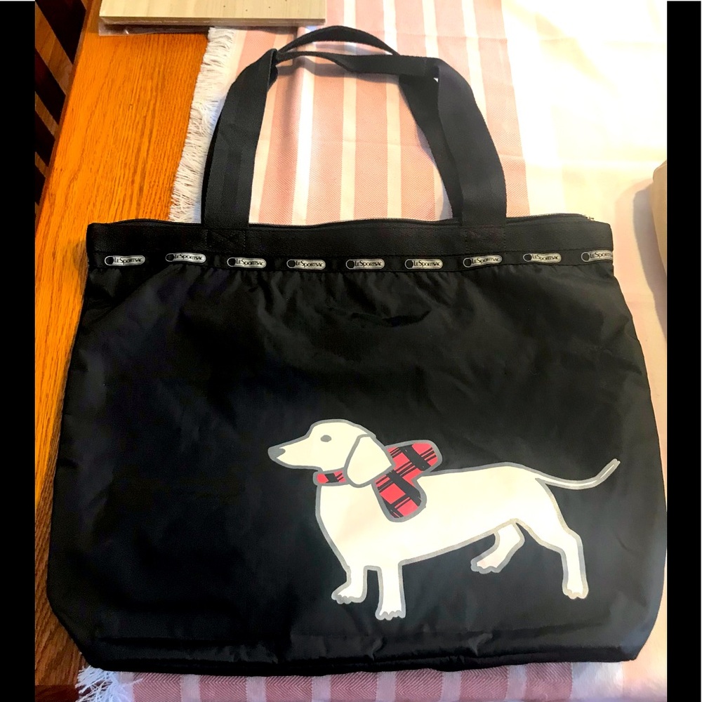 EUC LeSportsac Large Black 2-Sided 2 Different Dog Print Nylon Tote
